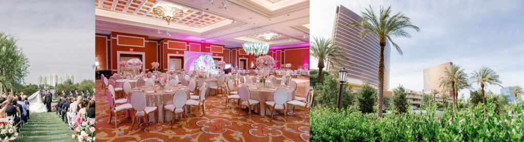 Hotel Wedding Venue in Las Vegas featuring green grass ceremony sites and beautiful ballroom receptions. 