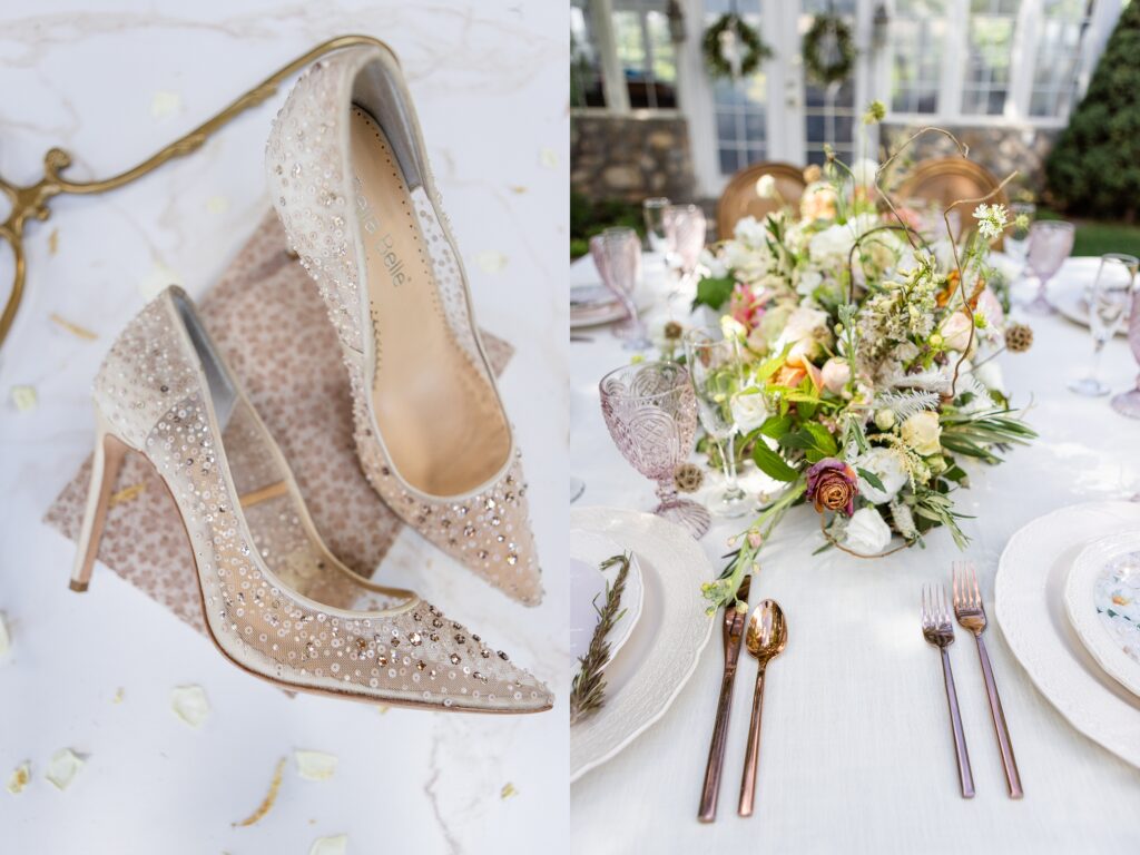 Bella Belle Shoes and Rose Gold table setting at a Las Vegas Wedding Venue