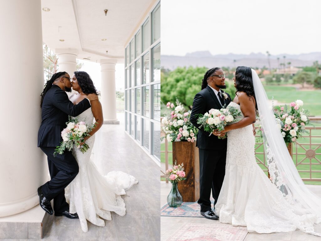 Romantic couples photos at a Canyon Gates Country Club Wedding. Bride and groom overlooking beautiful golf course. Bride and groom sharing a kiss in a beautiful white column walkway.
