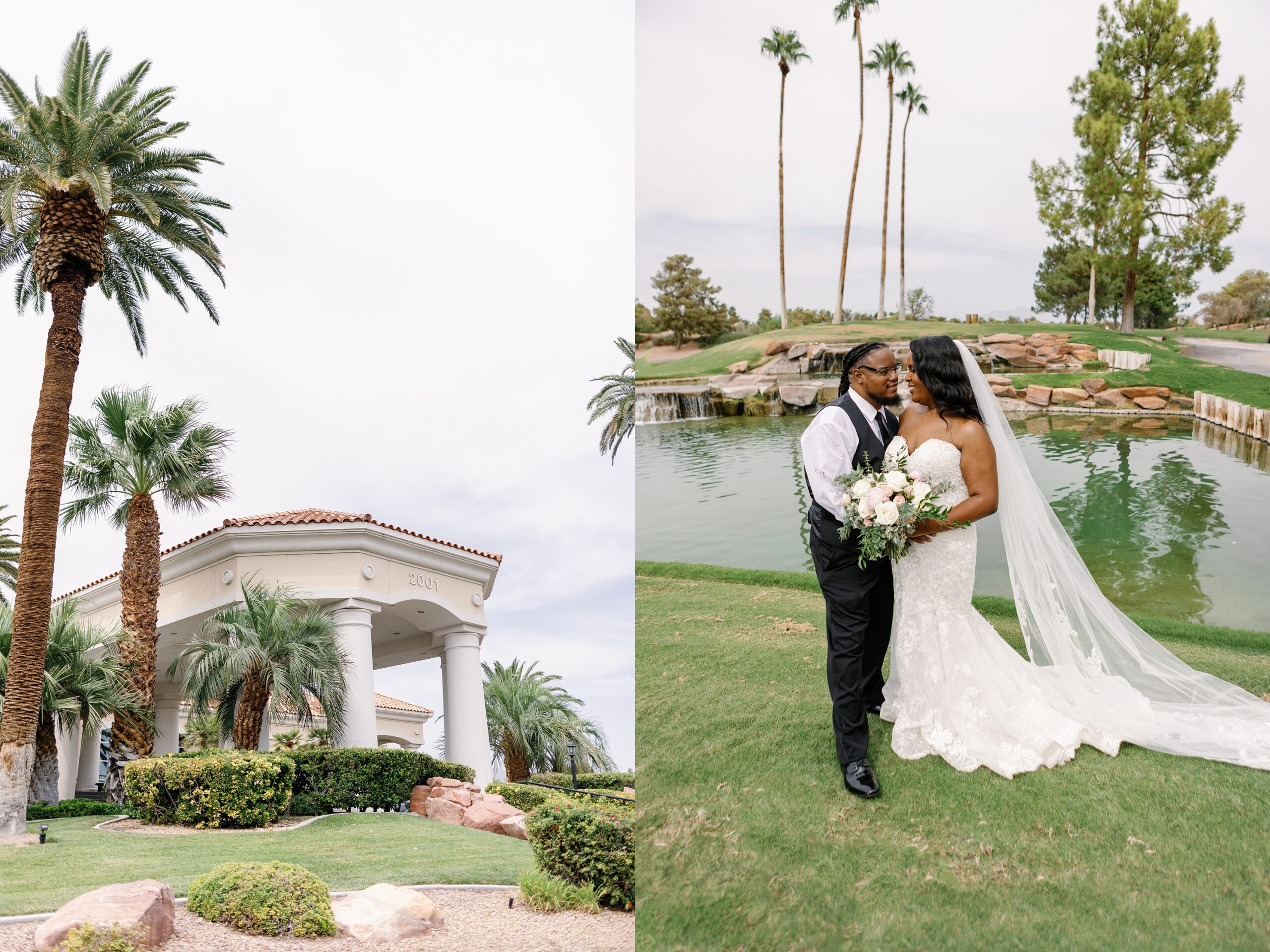 Bride and groom portrait in front of a beautiful pond and waterfall at the Canyon Gates Country Club Wedding Venue