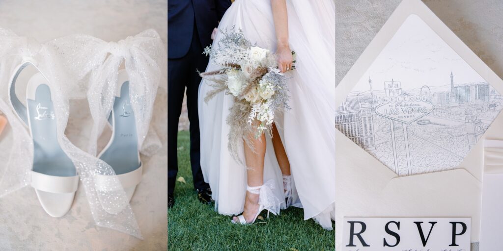 Luxurious details at a Four Seasons Las Vegas Wedding. Loui Vuitton shoes custom invitations and pampas bouquets. 