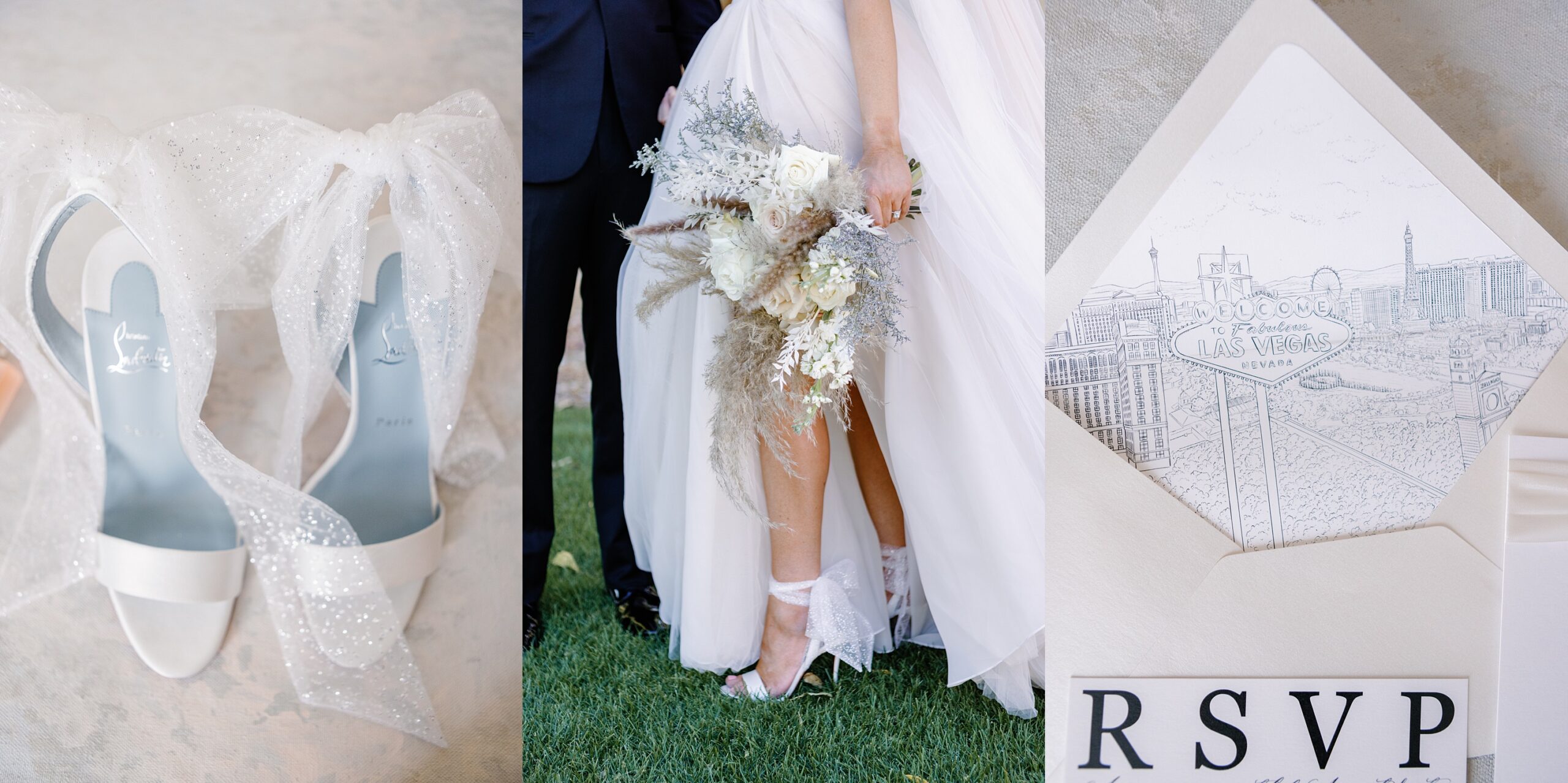 Luxurious details at a Four Seasons Las Vegas Wedding. Loui Vuitton shoes custom invitations and pampas bouquets.