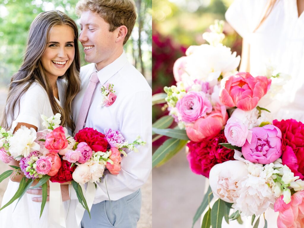 Beautiful floral arrangements and couple at a Spring Preserve Wedding