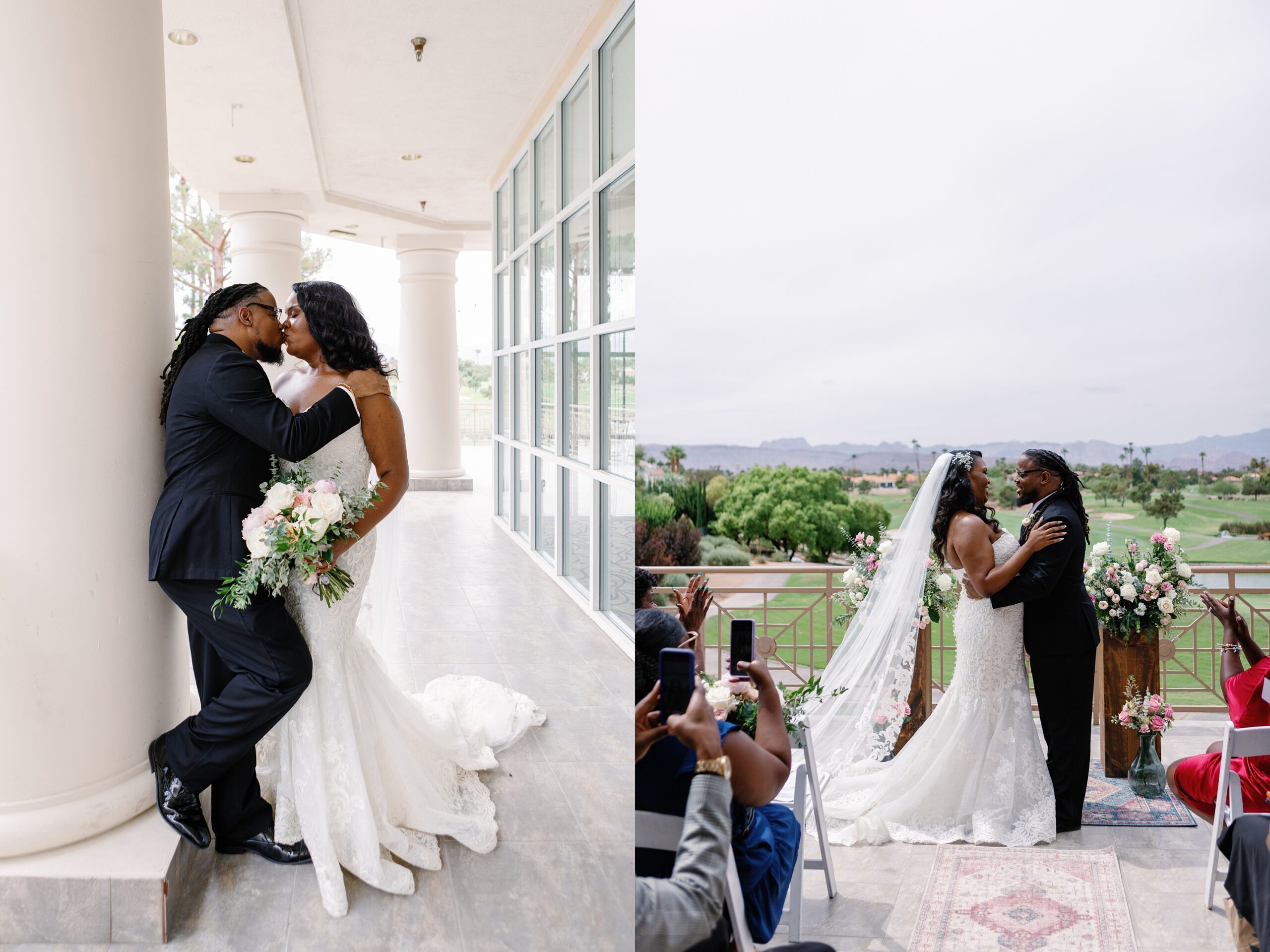 Las-Vegas Golf Course Wedding couple sharing first kiss while overlooking the golf course on a stunning balcony