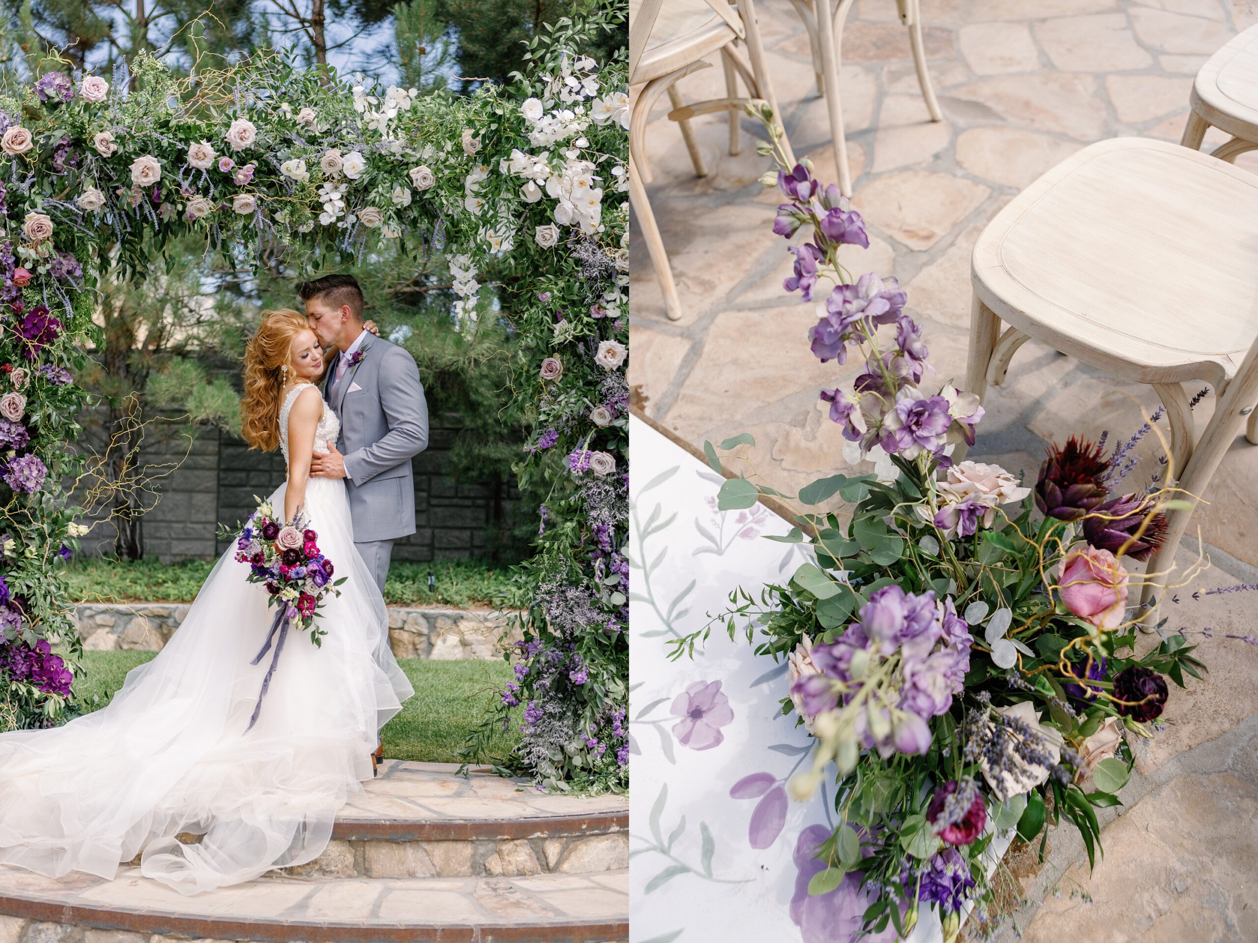 Las Vegas Wedding Florist designs the most beautiful lavender colored full floral arch and ground pieces