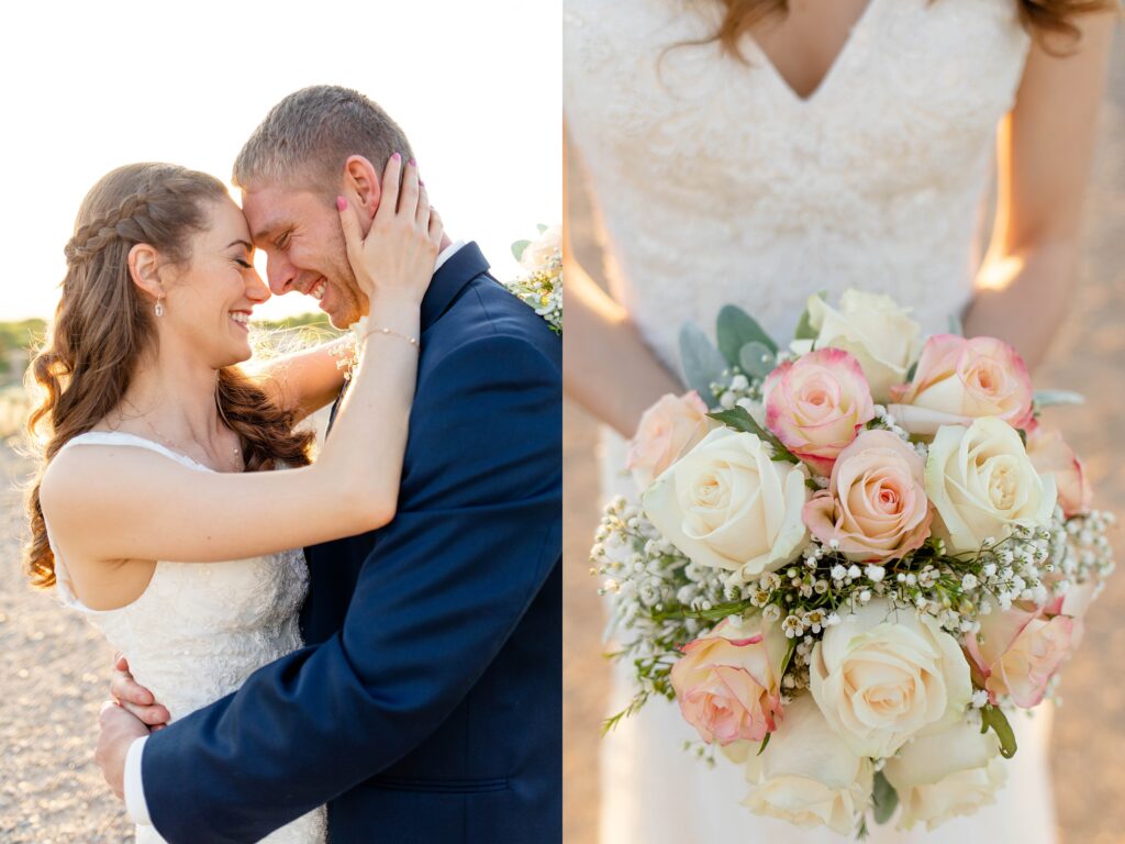 Beautiful Wedding couple and bouquet at a secret garden wedding