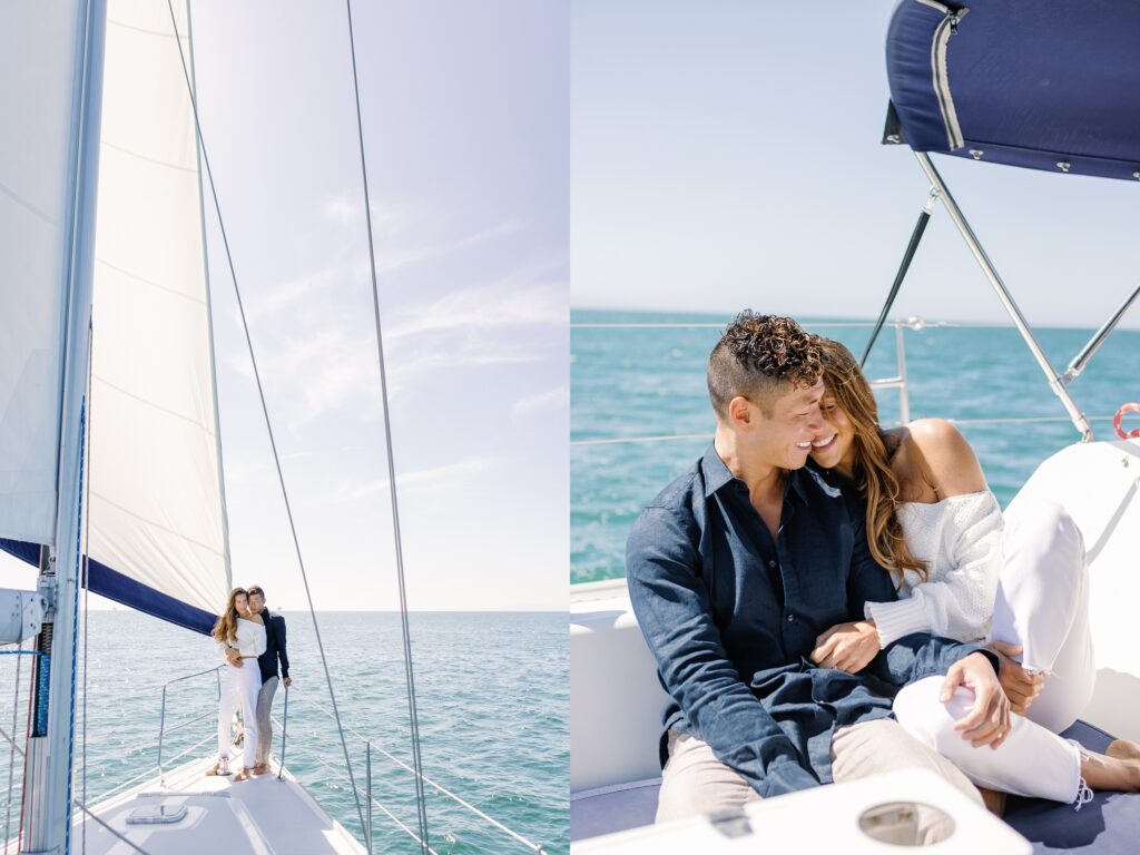 Couple snuggled together on a bench on a sailboat and a wide shot captured by a Santa Barbara Engagement Photographer of the couple on front of the ship.